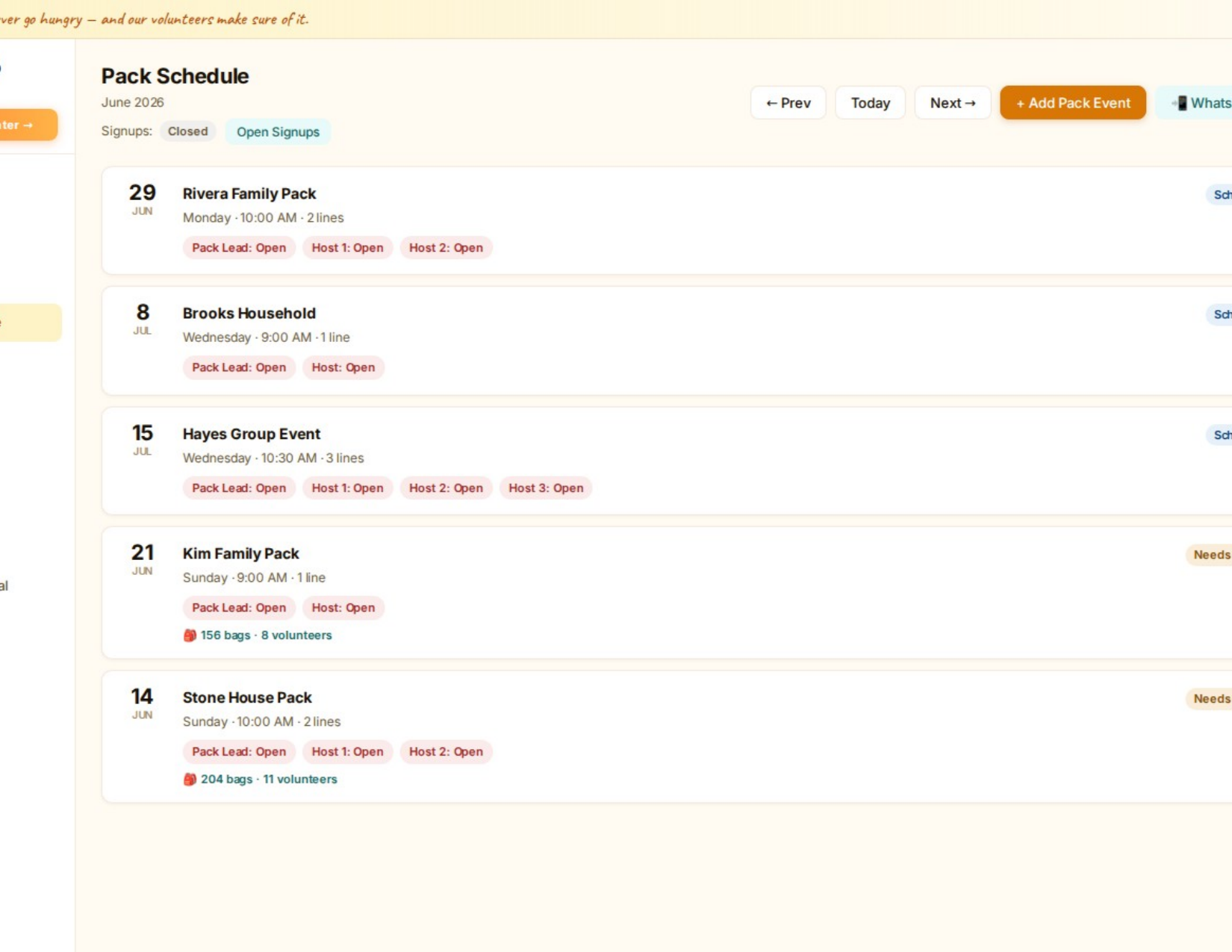 Pack Schedule